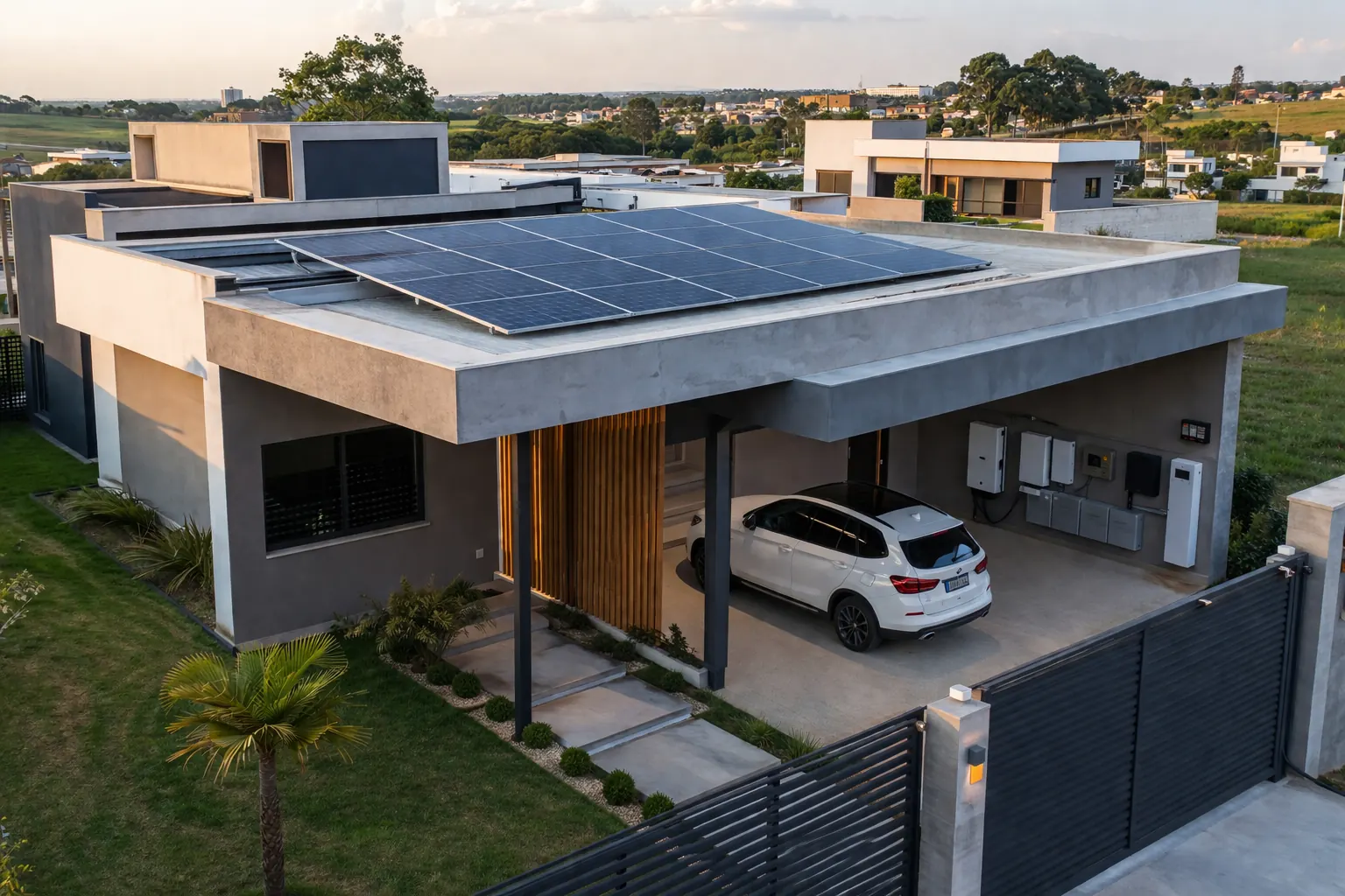 Casa com painéis solares no telhado