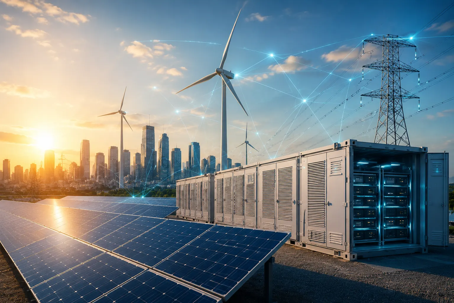 Containers de energia e usina solar ao pôr do sol