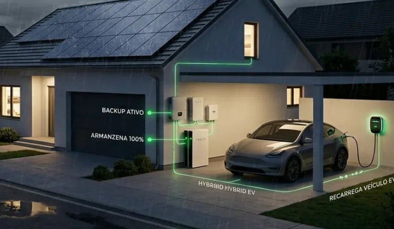 Casa com painéis solares e baterias de lítio