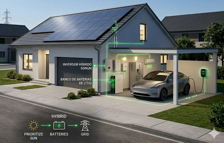 Esquema de sistema solar híbrido com baterias