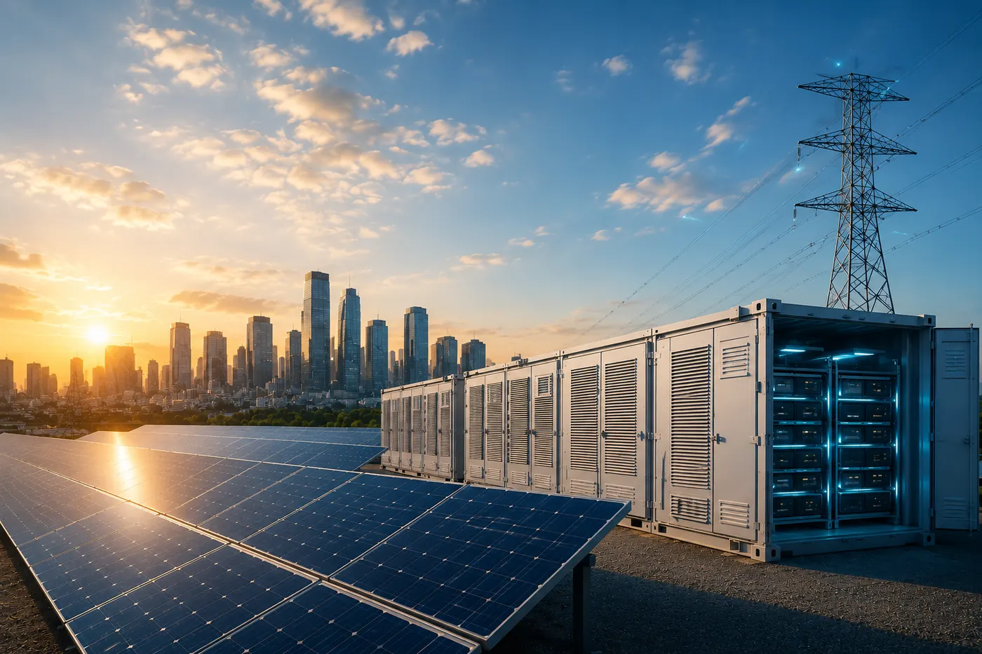Infraestrutura de energia com usina solar e linhas de transmissão
